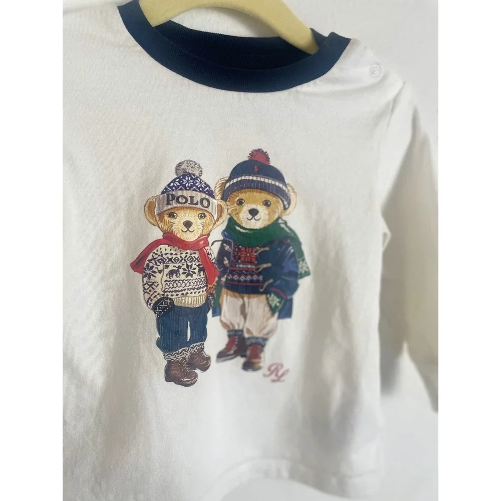 Polo Ralph Lauren Kids White Polo Bear Long Sleeve Graphic Tee 9M Navy Trim